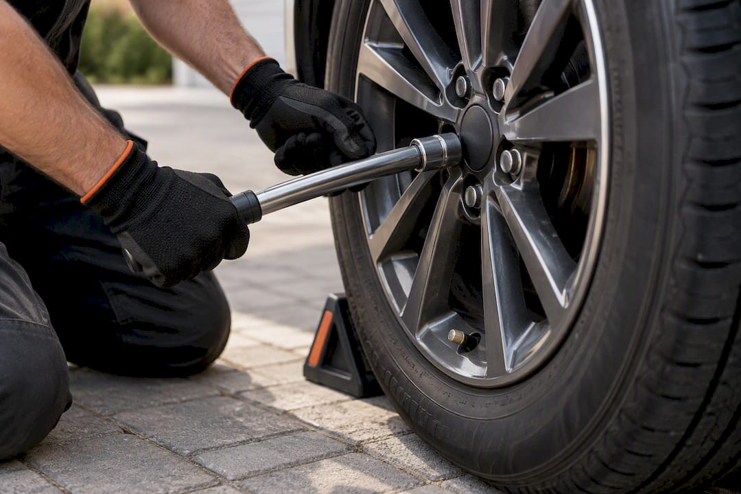 Torque wrench checking wheel lug nuts