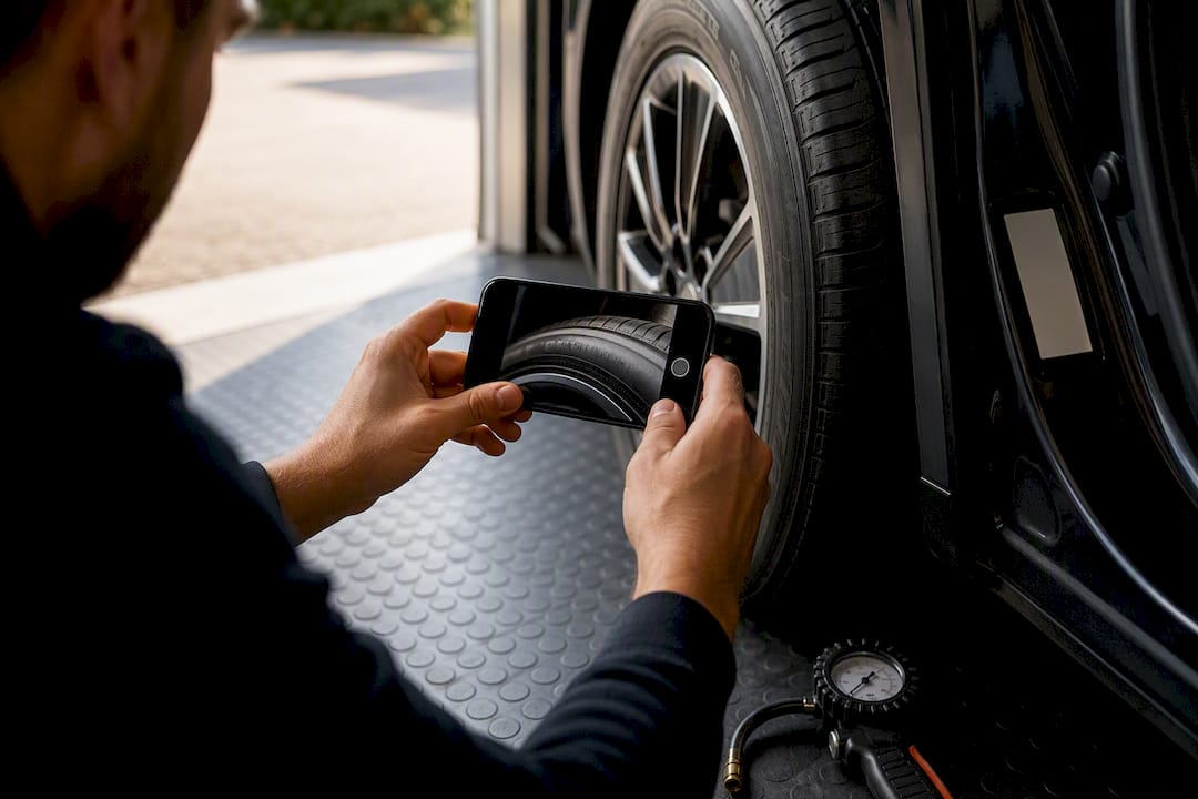 Phone photographing tyre sidewall and placard