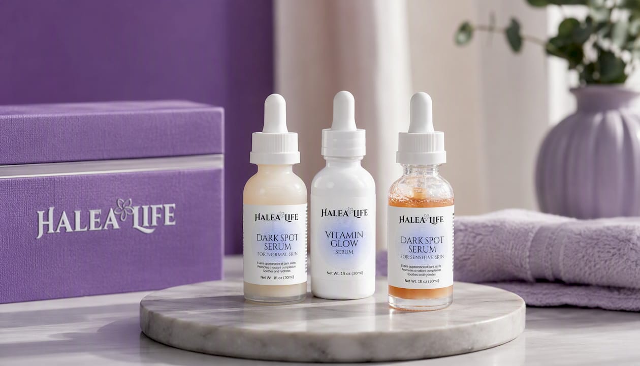 Halea Life skincare serums including niacinamide dark spot care