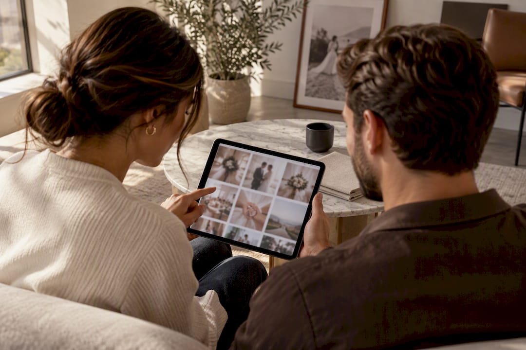 Couple reviewing a full wedding gallery