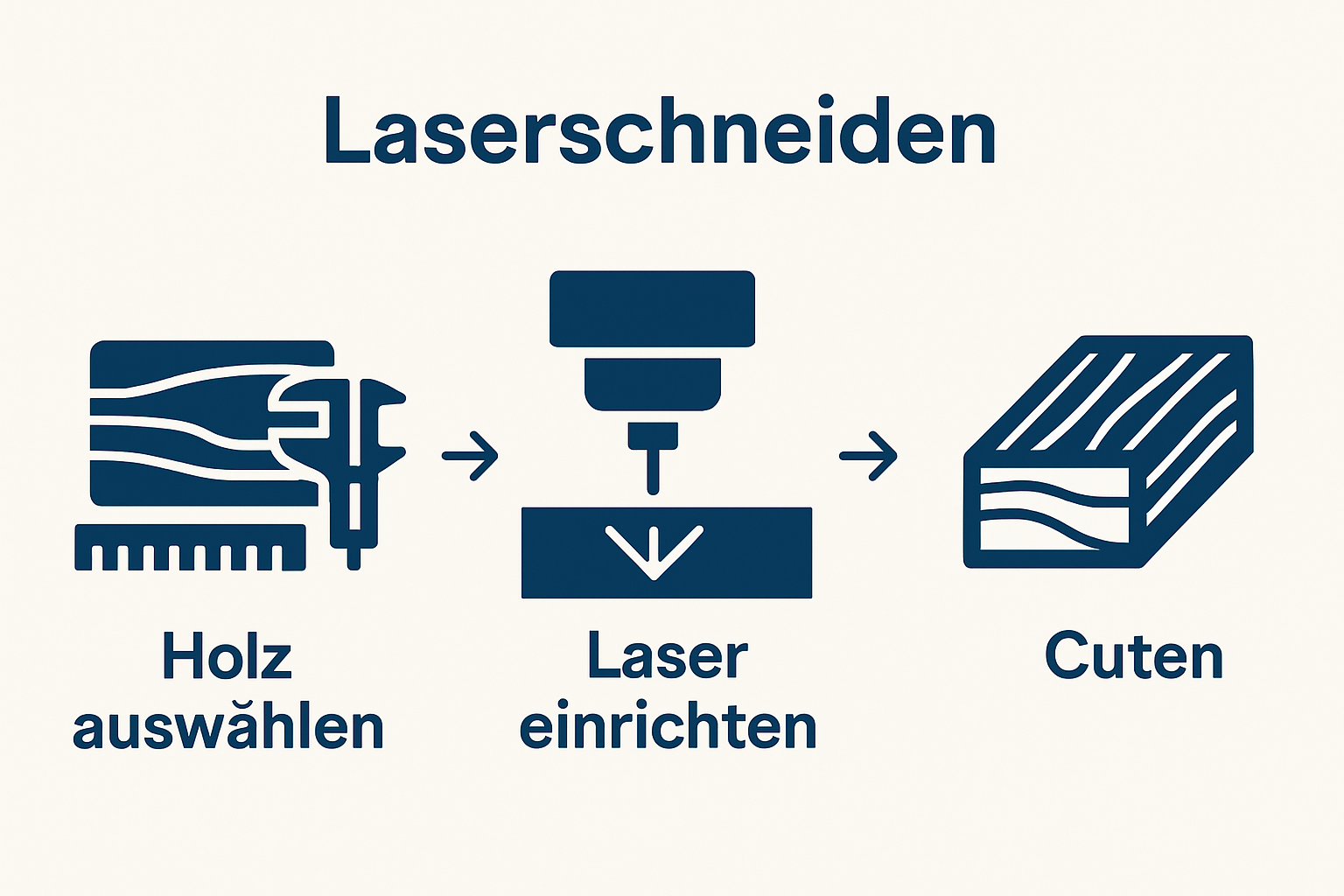 Infographic shows 3-step process: select wood, calibrate laser, precise wood cut