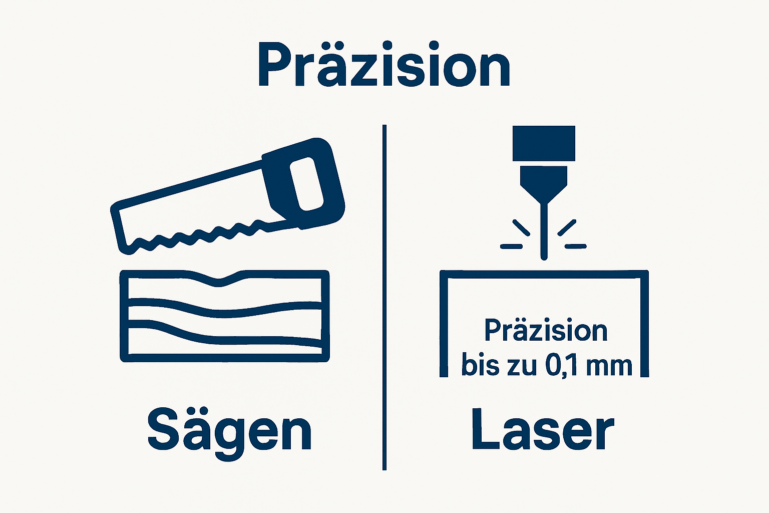Infografik zeigt Unterschied zwischen Laserschneiden und traditionellem Sägen bei Holz.