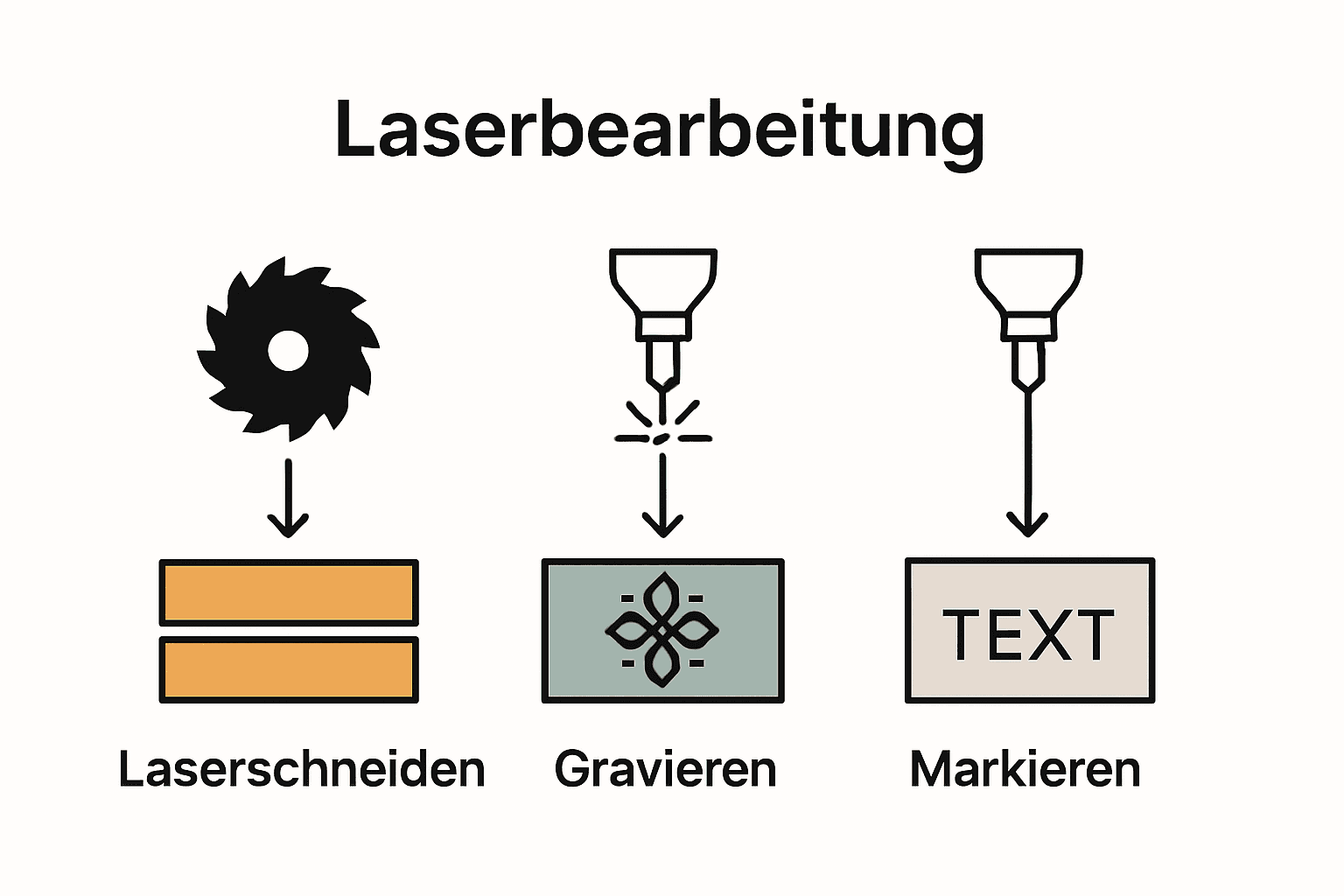 Infografik mit Icons für Laserschneiden, Gravieren, Markieren