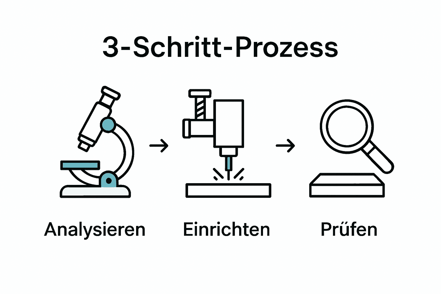 Infografik zum Ablauf der effizienten Laserbearbeitung mit drei Icons für Analyse, Einrichtung, Kontrolle.