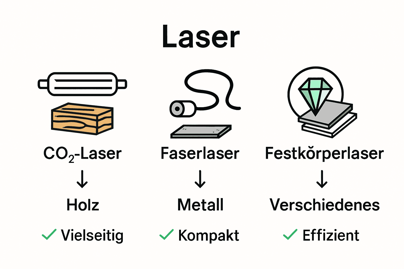 Vergleich CO2-, Faser- und Festkörperlaser als Icons
