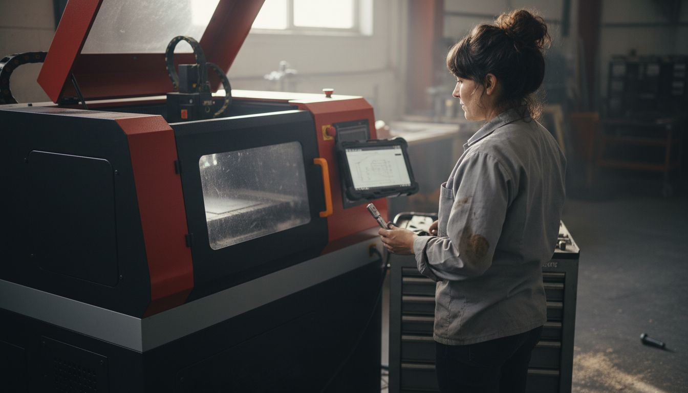 Woman configuring laser cutter machine setup