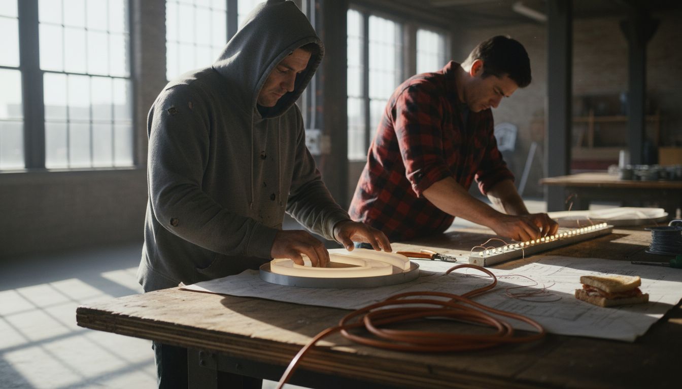 Team assembling illuminated advertising letters