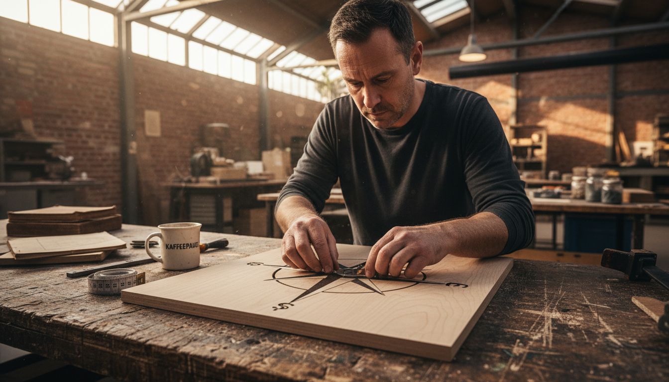Ein Handwerker setzt präzise gelaserte Holz- und Metallteile zu einem Ganzen zusammen.