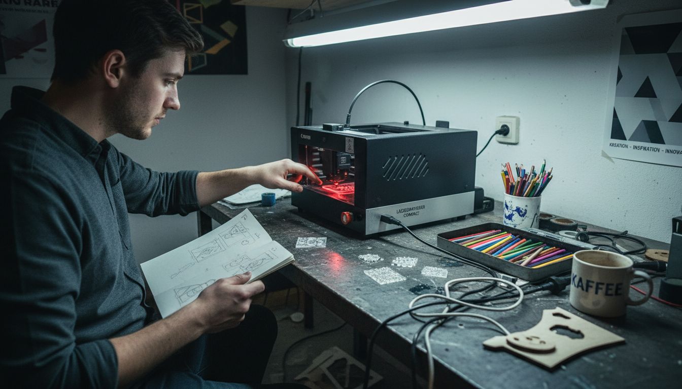 In seinem Atelier arbeitet der Designer an Acrylplatten, die er mit einem Laser kunstvoll graviert.