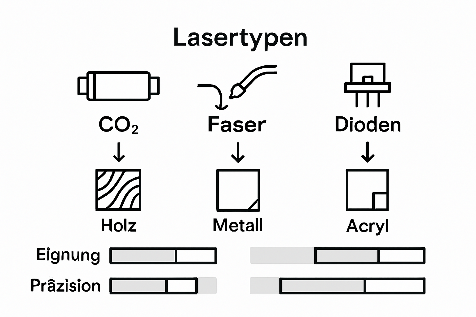Übersichtsgrafik: Verschiedene Lasertypen in der Kreativbranche im Vergleich