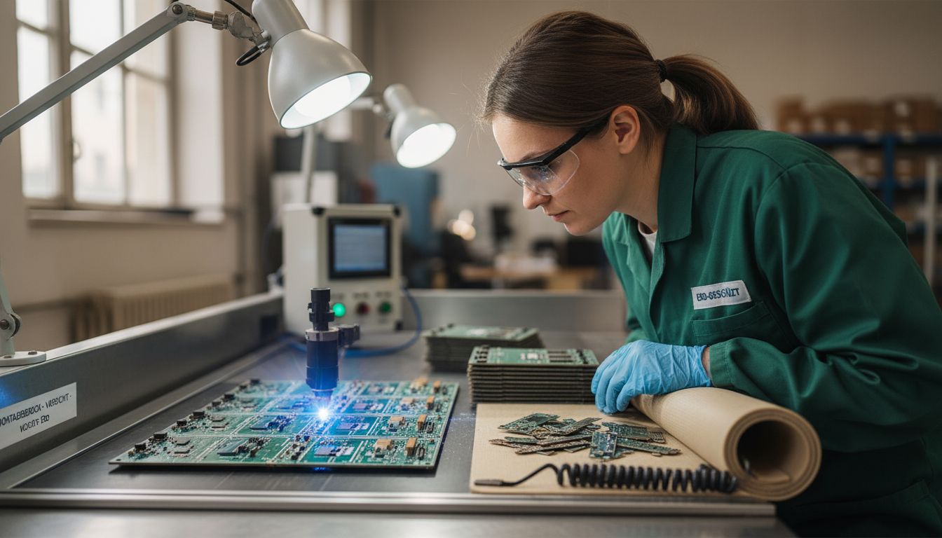 Ein Mitarbeiter überwacht, wie eine Lasermaschine Leiterplatten voneinander trennt.