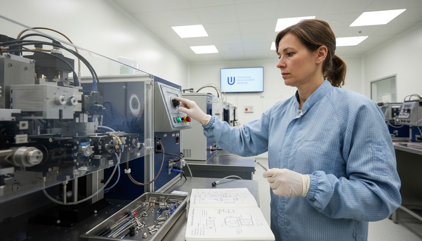 Ein Ingenieur arbeitet im Reinraum an einem Faserlaser.