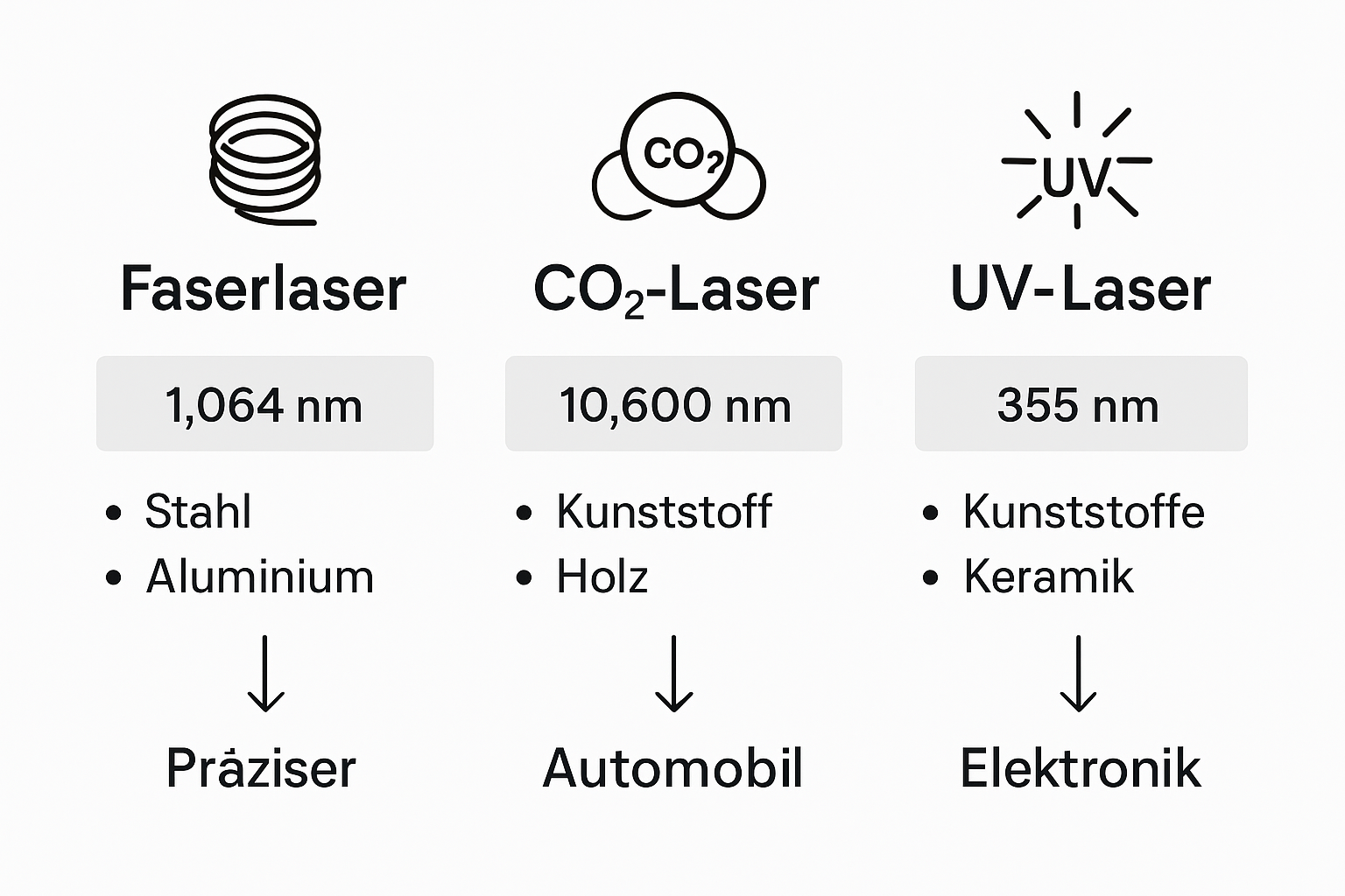 Faser-, CO₂- und UV-Lasertechnologien im Vergleich