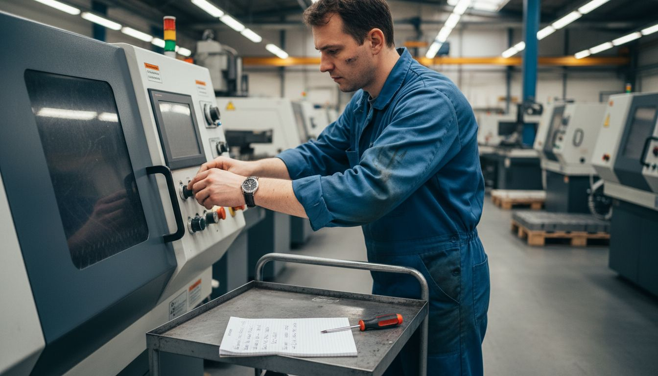 Ein Techniker stellt hochpräzise Lasertechnik in einer Industrieanlage ein.