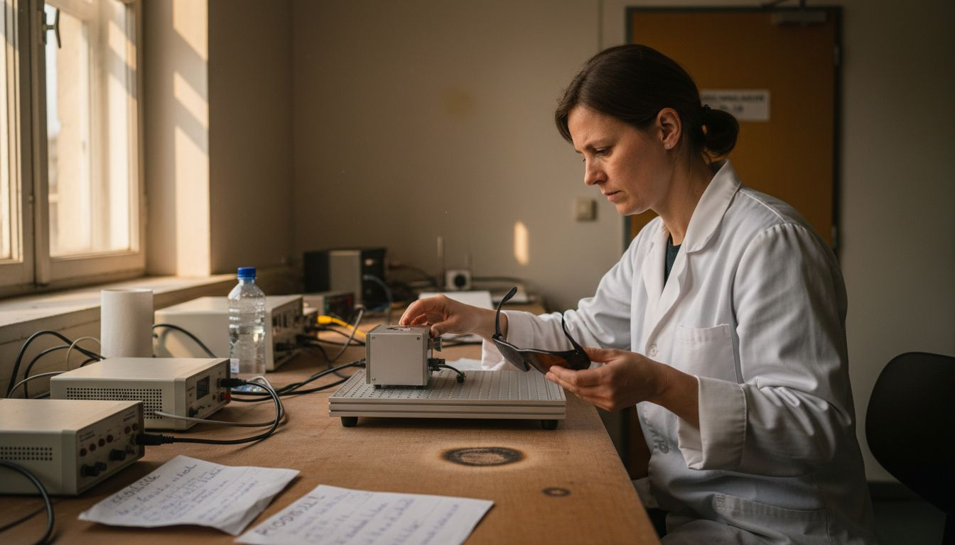 Eine Laborantin stellt mit Schutzkleidung präzise die Einstellungen eines Lasers ein.