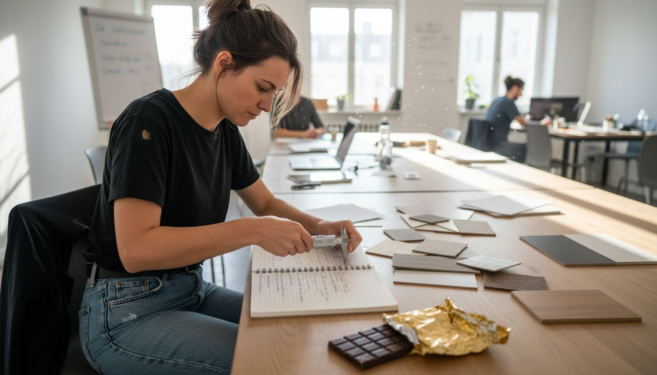 Eine Mitarbeiterin prüft die Anforderungen und Materialien für ein Projekt.