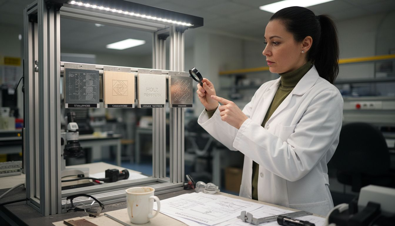 Eine Ingenieurin untersucht Laserproben, die aus unterschiedlichen Materialien bestehen.