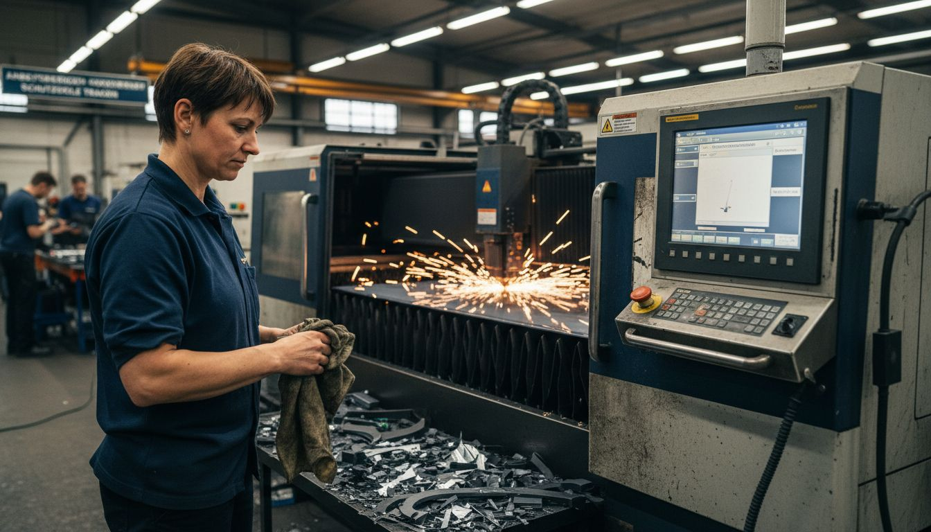 Ein Mitarbeiter überwacht den Laserschneidprozess von Stahlblechen.