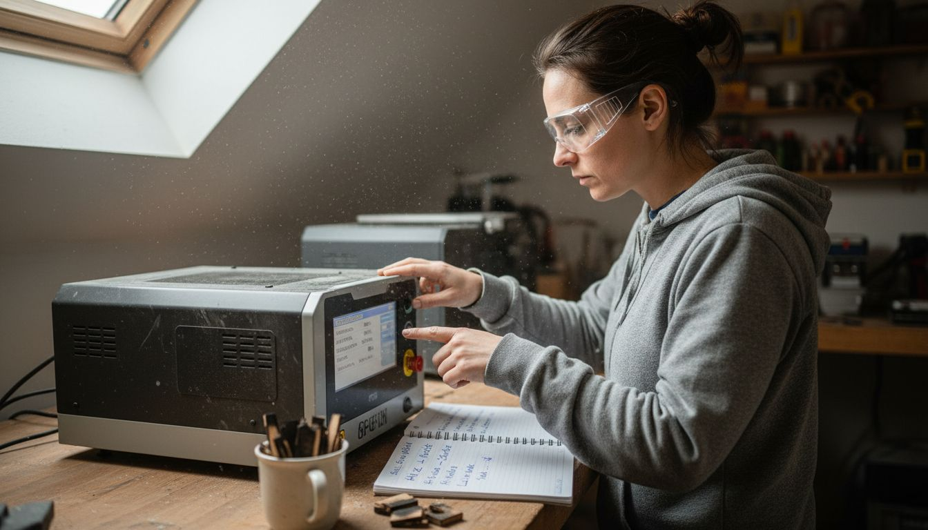 Eine Frau stellt die Einstellungen an einer Lasergravurmaschine ein.