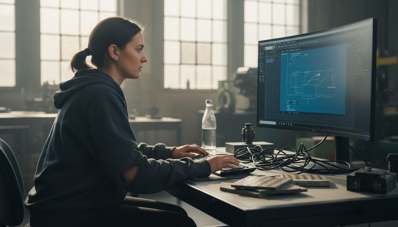 Eine Frau bearbeitet am Computer Gravurdateien.