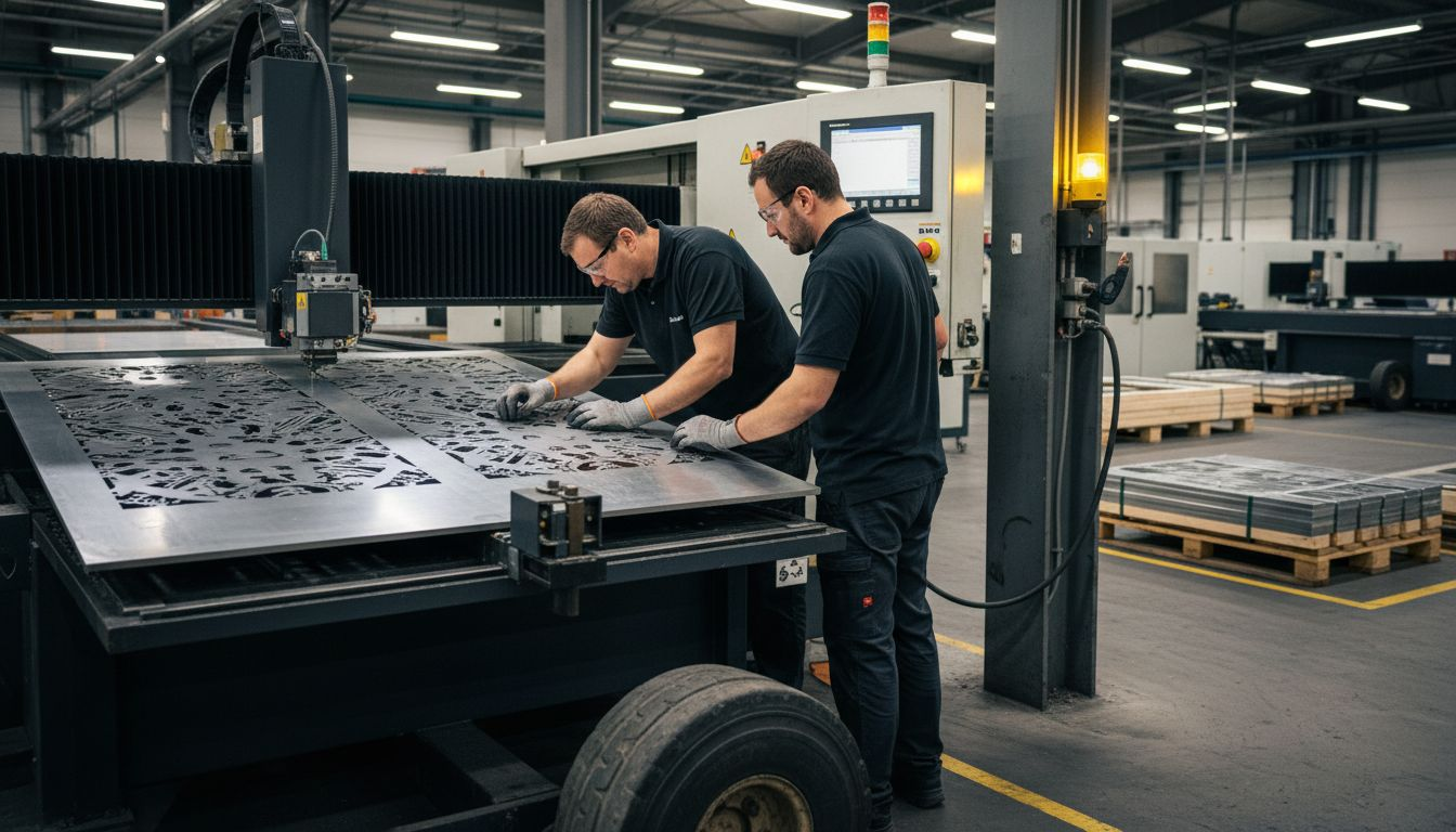 In der Produktionshalle steuern Mitarbeiter moderne Laserschneidmaschinen.