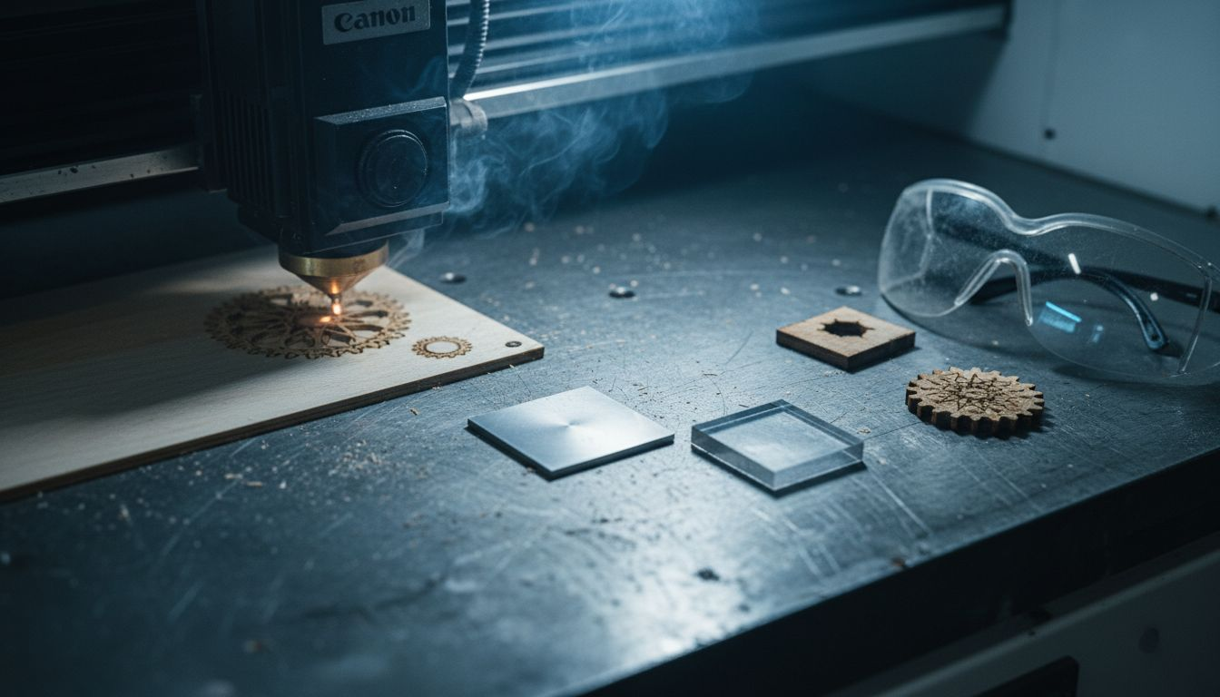Detailaufnahme eines präzisen Laserschnitts in Holz, Metall und Acryl