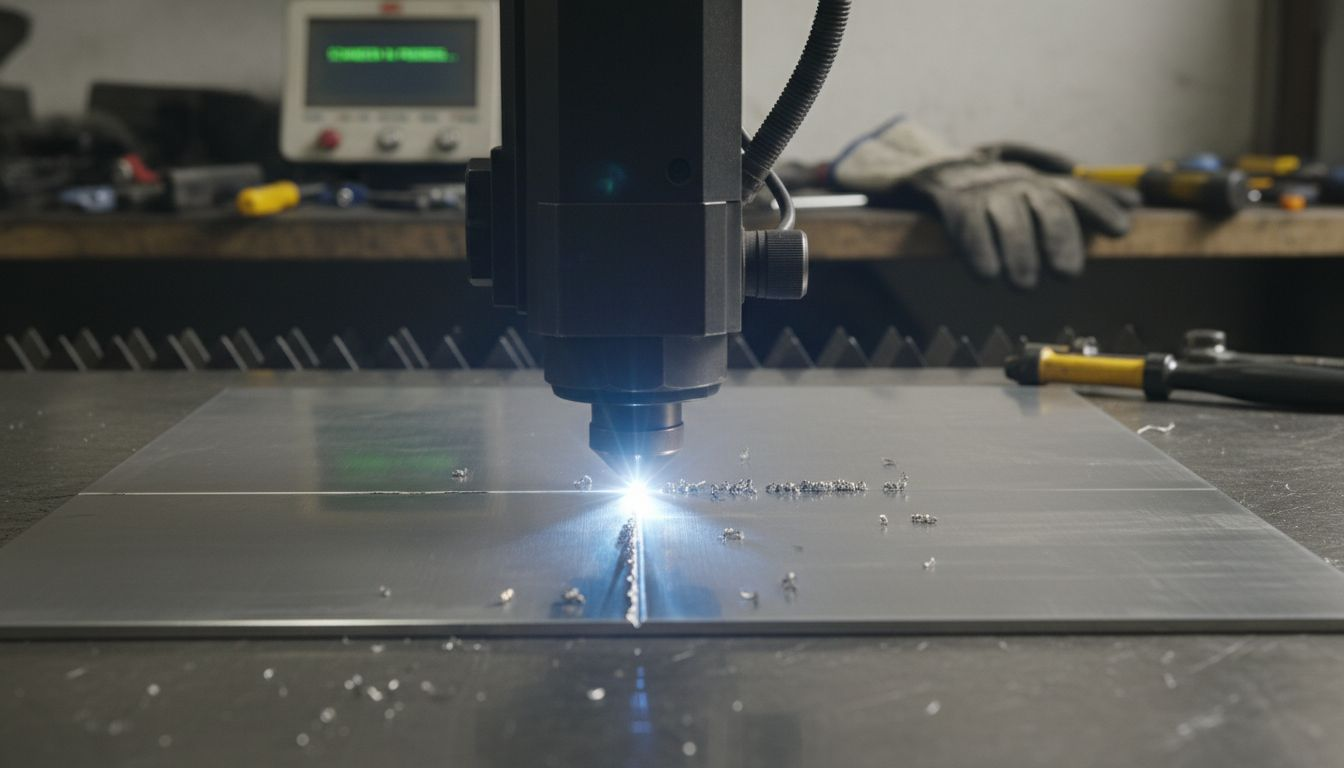 Nahaufnahme: Ein Laserschneider durchtrennt präzise ein Edelstahlblech.