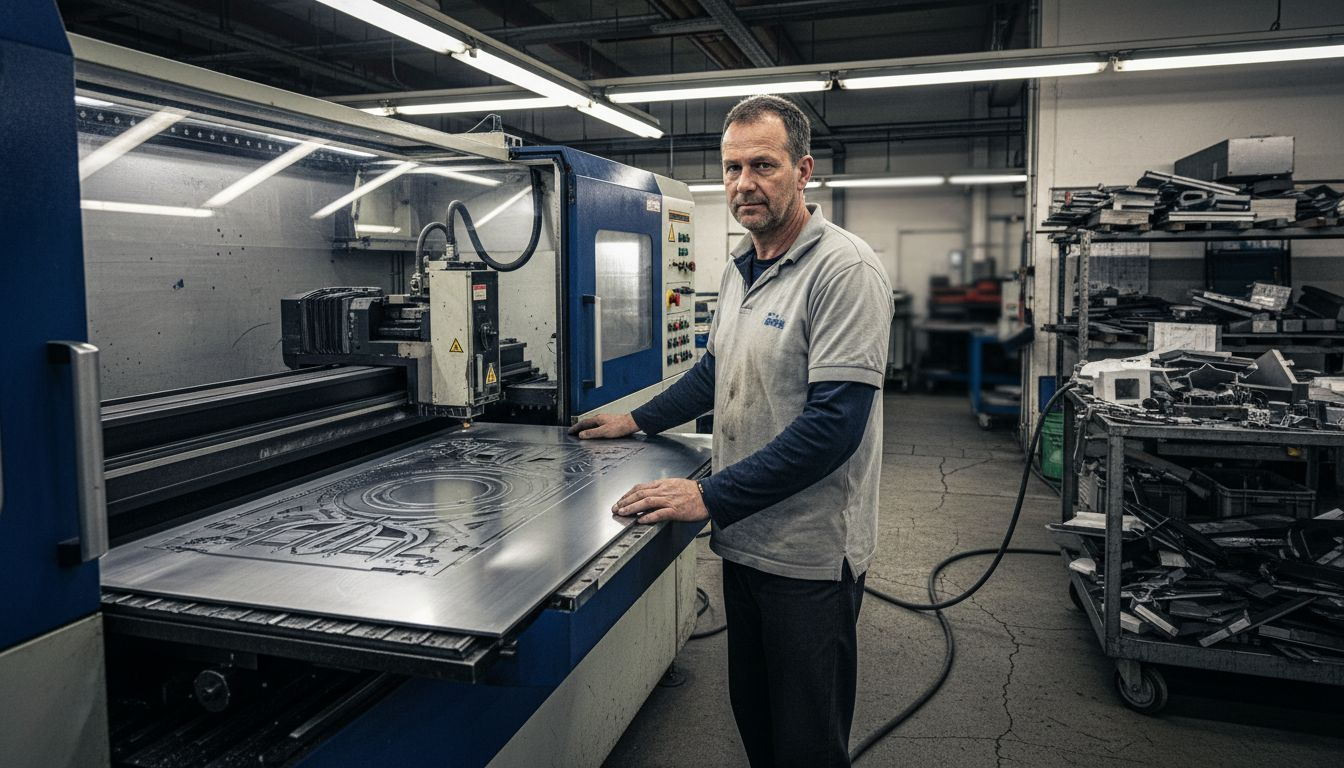 Ein Mitarbeiter bedient in der Fabrik eine Lasergravurmaschine, um Metallteile zu bearbeiten.