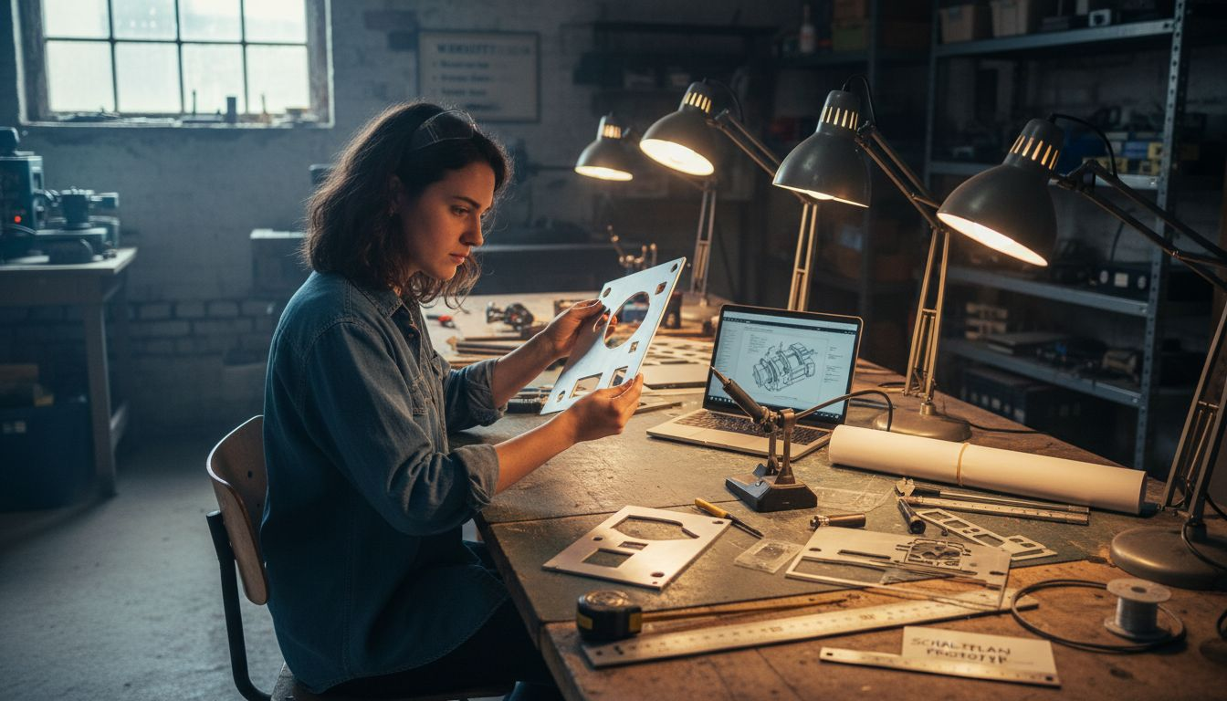 Eine Ingenieurin begutachtet ein Bauteil mit Laserbearbeitung auf der Werkbank.