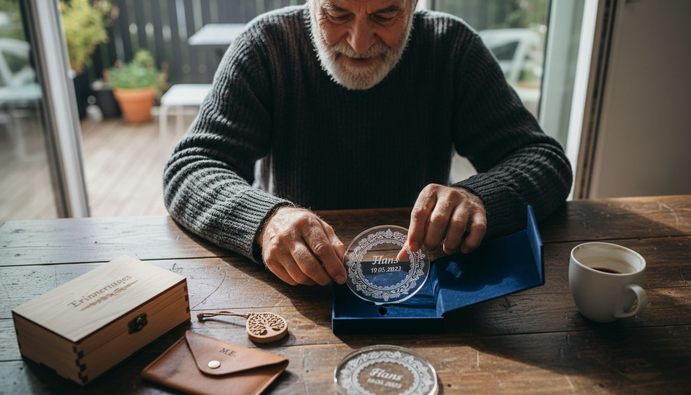 Ein Mann legt ein personalisiertes Geschenk sorgfältig in eine Geschenkbox.