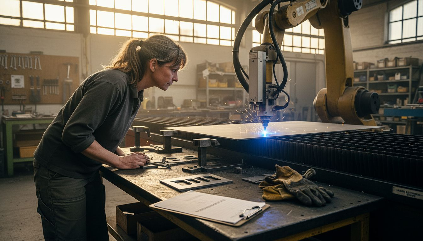 Ein Ingenieur überwacht den Prozess des Laserschneidens von Stahl.