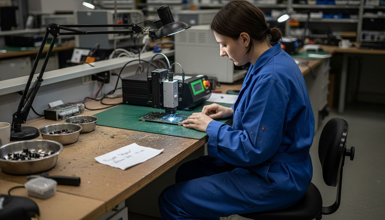 Eine Technikerin bringt mithilfe eines UV-Lasers präzise Gravuren auf eine Leiterplatte auf.