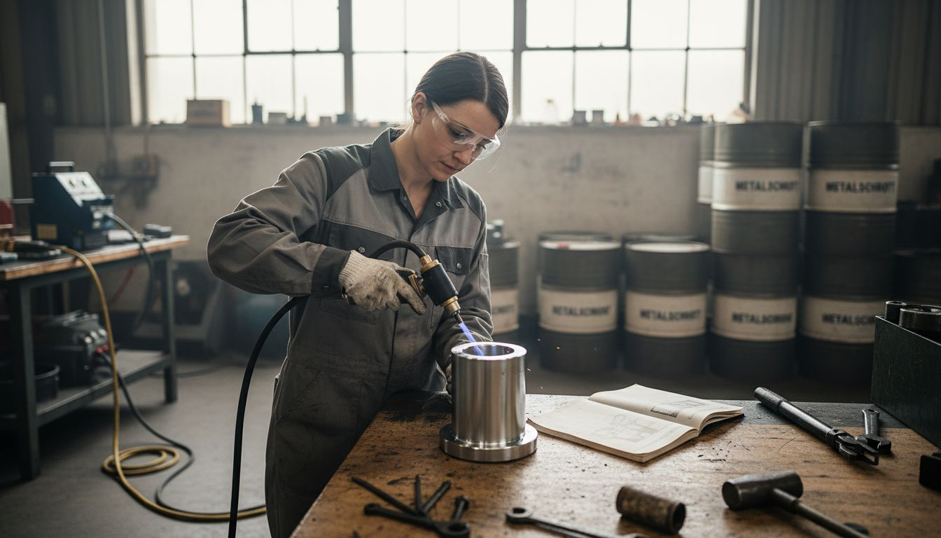 Eine Technikerin bearbeitet ein Werkstück mithilfe eines Plasmageräts.
