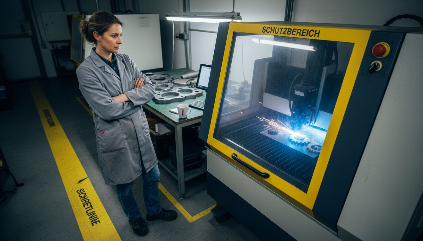Ein Ingenieur beobachtet aufmerksam, wie ein CNC-Laserschneider präzise Metallplatten zuschneidet.