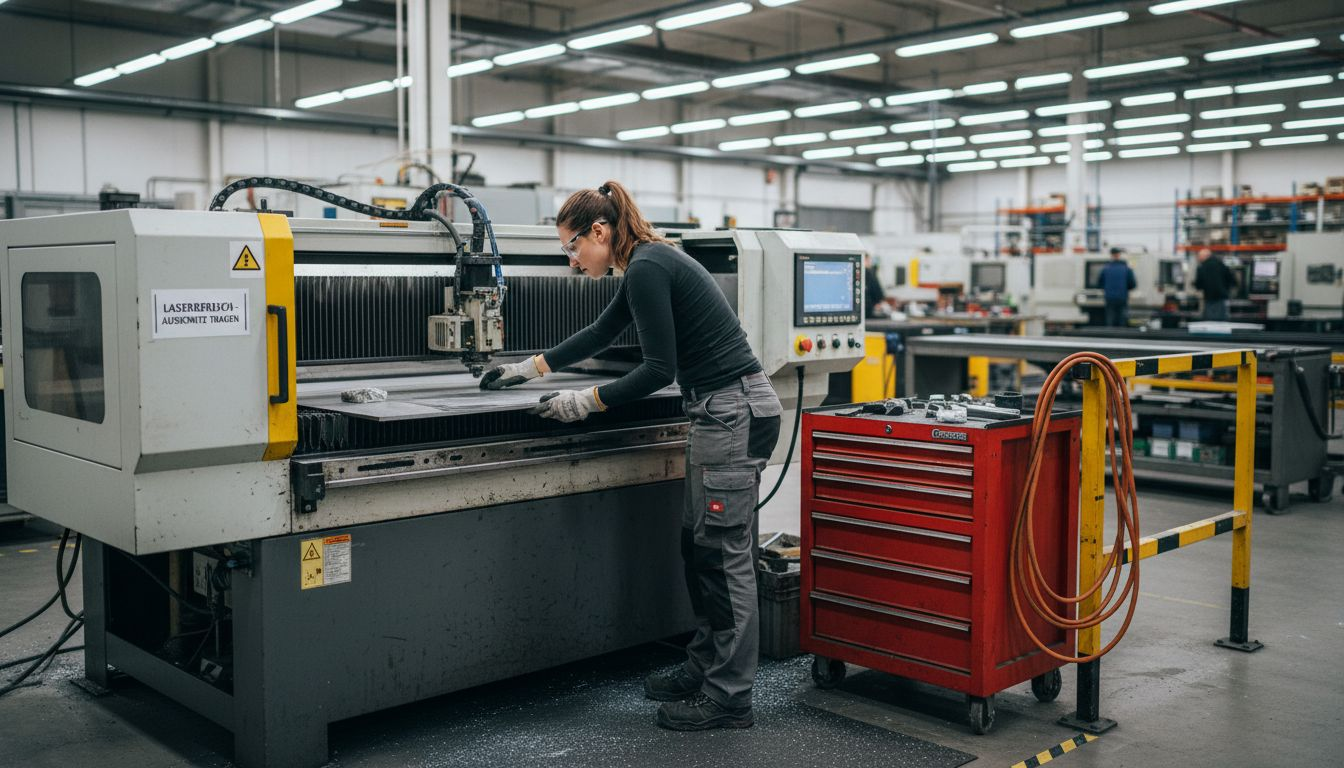 Eine Technikerin arbeitet am Laserschneider und bearbeitet dabei Aluminium.