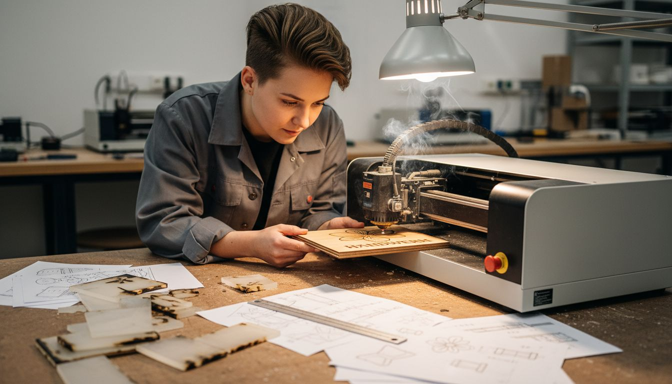 Eine Frau arbeitet mit einer Lasergravurmaschine und verziert damit eine Holzplatte.