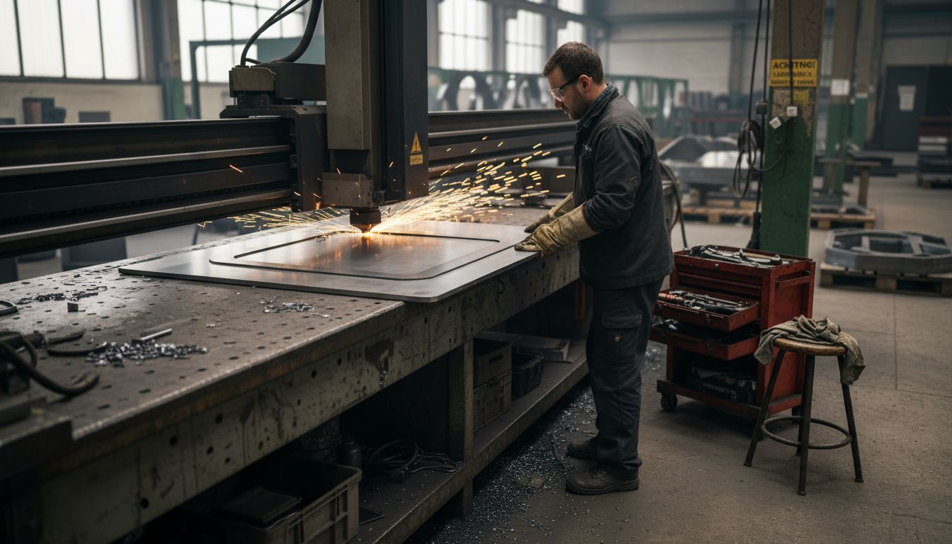 Ein Laser schneidet filigrane Konturen aus einer Stahlplatte heraus.