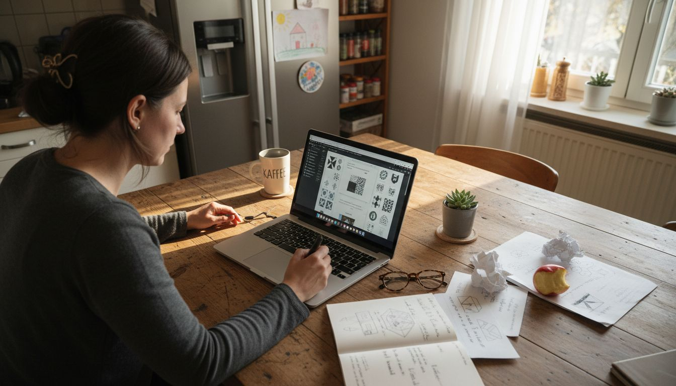 Eine Frau sitzt am Tisch und arbeitet konzentriert an einem Entwurf für die Lasergravur.