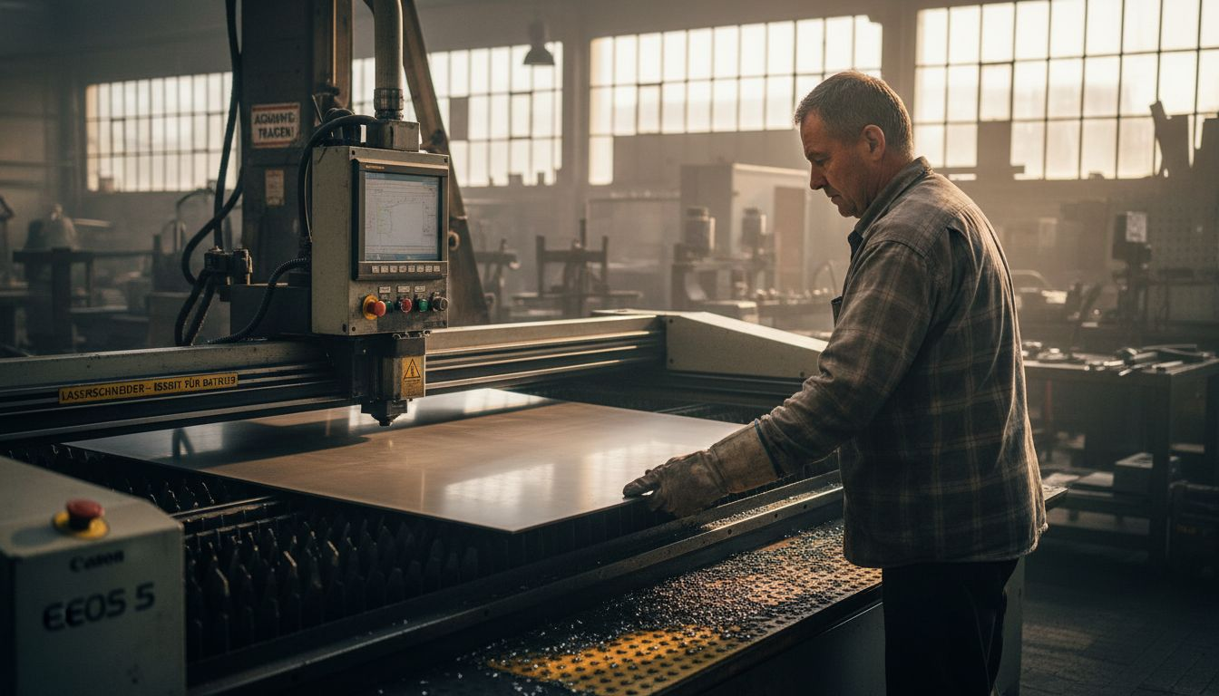 Ein Mitarbeiter legt Metallplatten in eine industrielle Laserschneidmaschine ein.