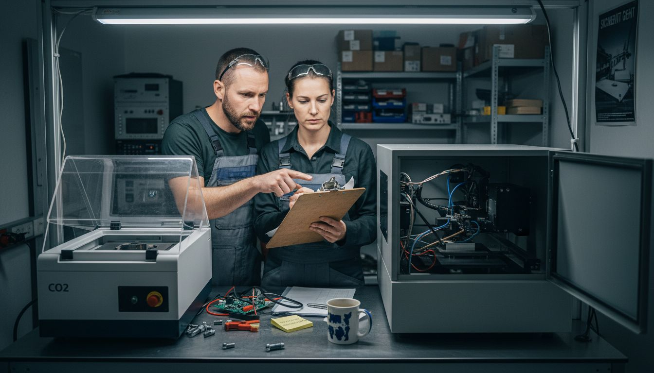 Im Labor führen Ingenieure einen Vergleich verschiedener Lasergravurmaschinen durch, um deren Leistungsfähigkeit und Präzision zu beurteilen.
