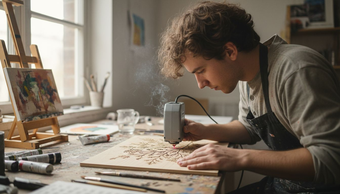 Ein Künstler verziert eine Holzplatte mit filigranen Mustern, die er mithilfe eines Lasers einbrennt.