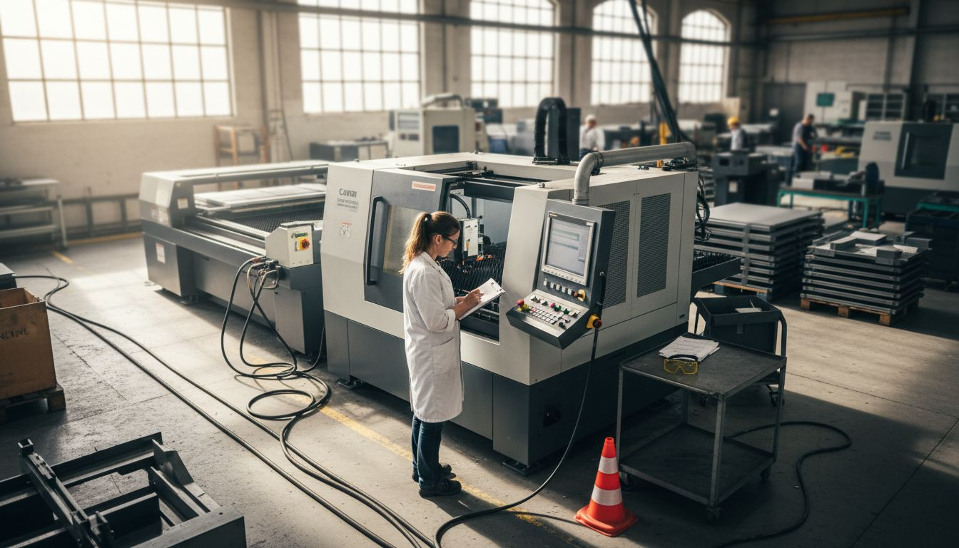 Ein Techniker überprüft die Laserbearbeitungsanlage auf ihre Funktionstüchtigkeit.