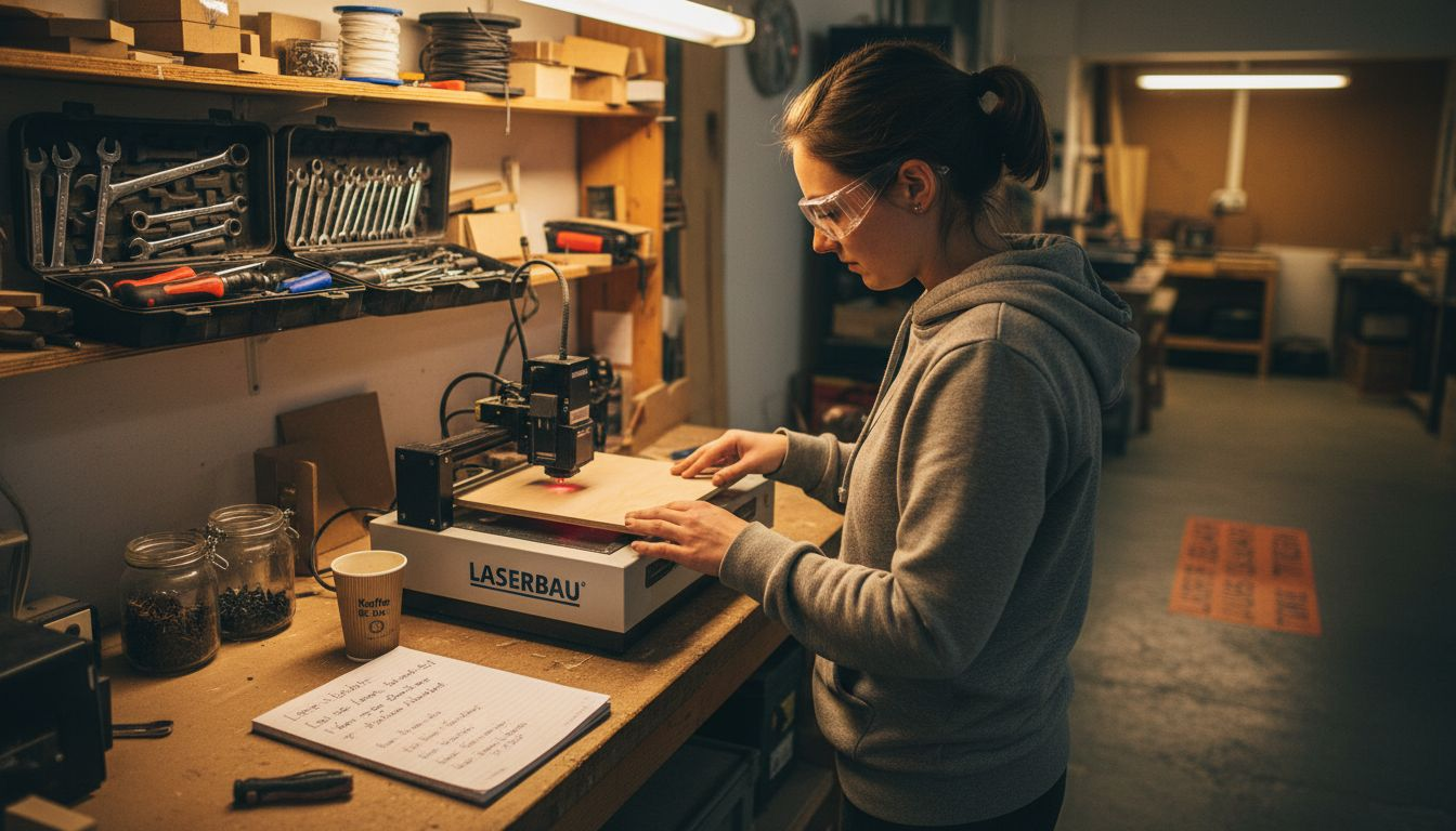 Eine Frau richtet Prüfmaterial im Laserstudio präzise aus.