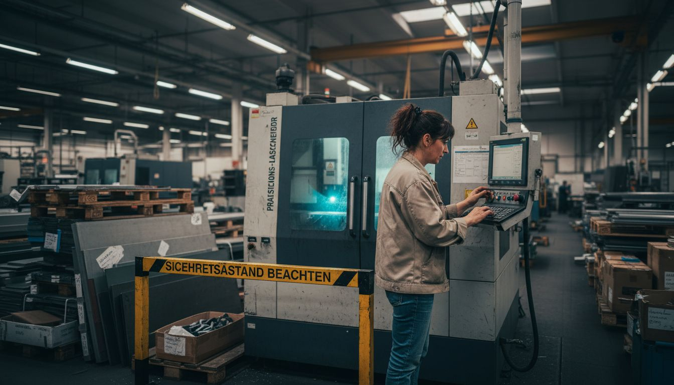 Ein Ingenieur überwacht die Arbeit der Laserschneidmaschine.