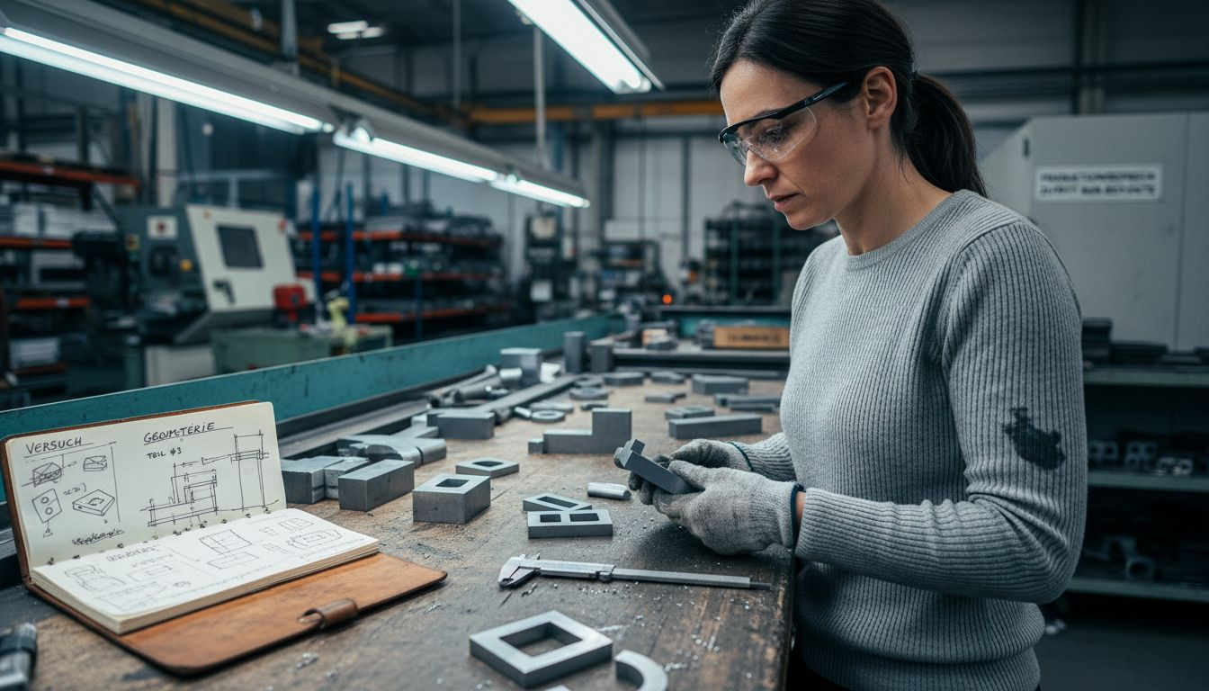 Ein Ingenieur prüft einen Prototypen aus lasergeschnittenem Metall auf Herz und Nieren.
