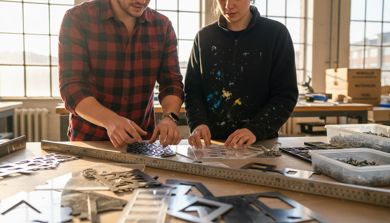 Designer begutachten und vergleichen verschiedene Muster von laserbearbeiteten Materialien.