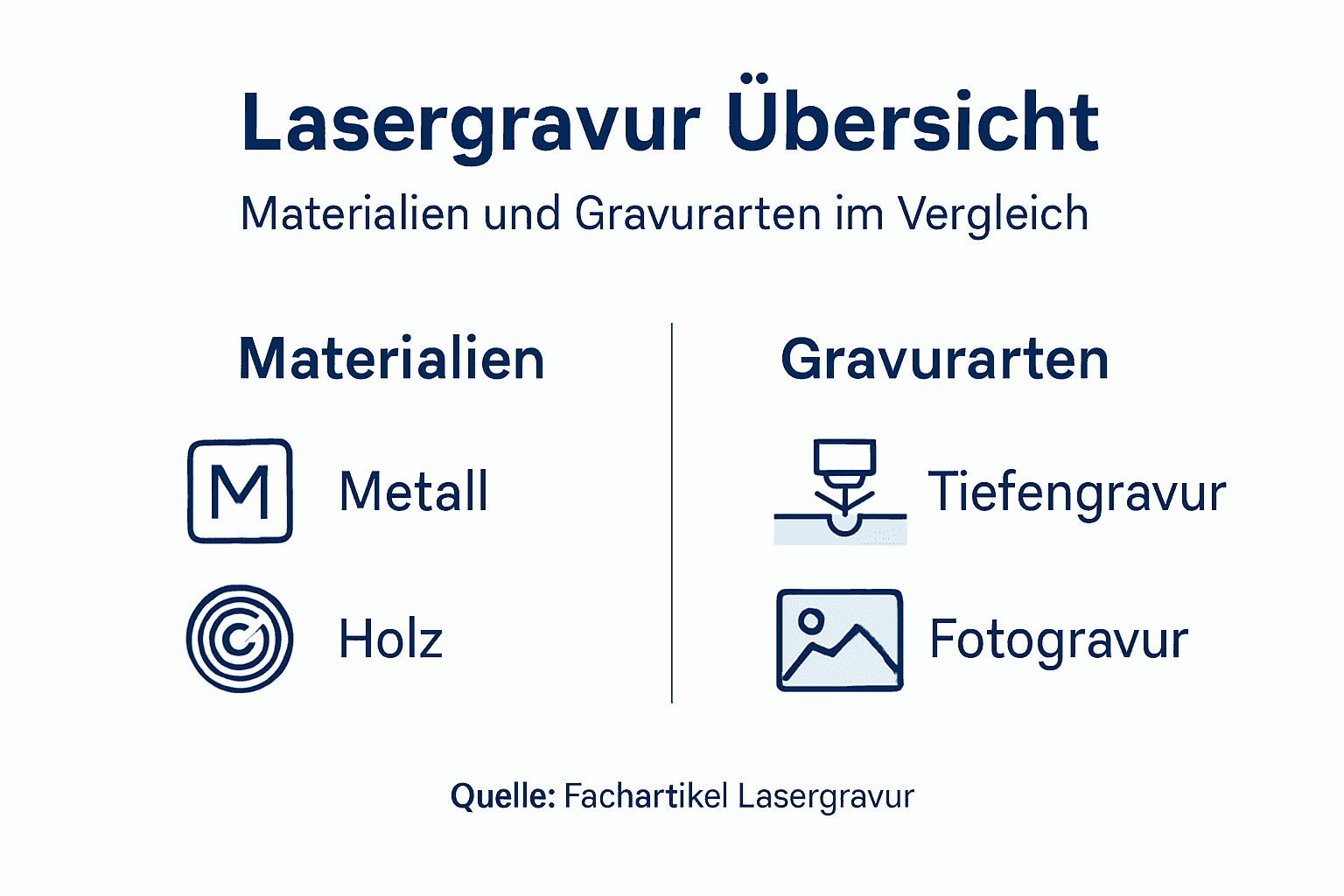 Infografik: Geeignete Materialien und verschiedene Gravurtechniken bei der Lasergravur