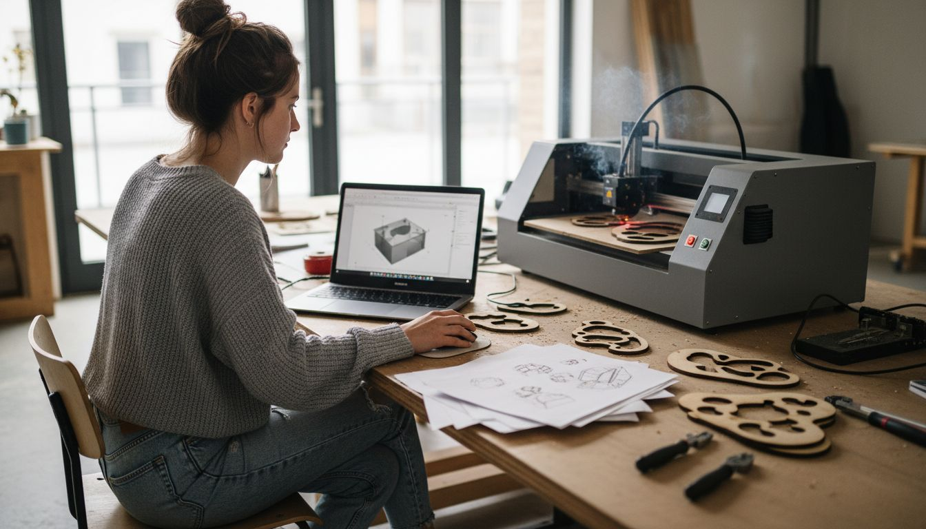 Eine Designerin fertigt mit dem Lasercutter einen Prototypen an.