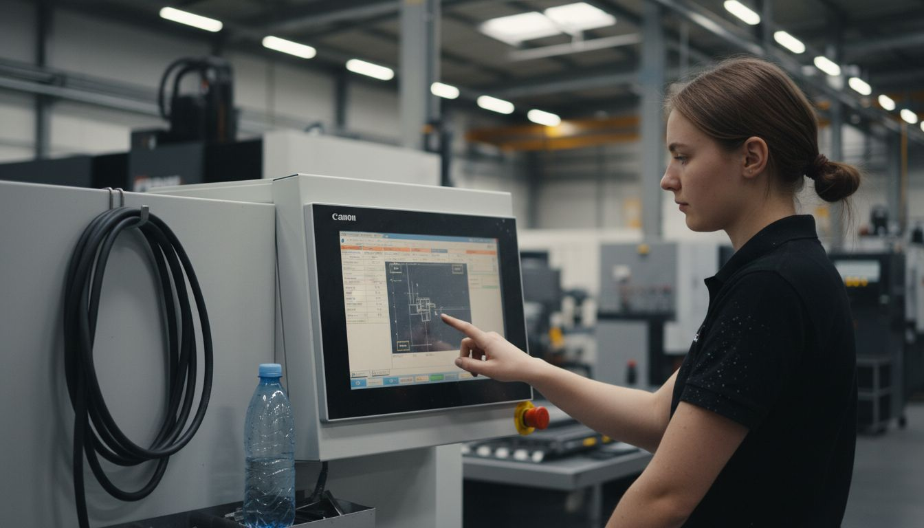 Ein Mitarbeiter bedient das Steuerpult der CNC-Laserschneidanlage.