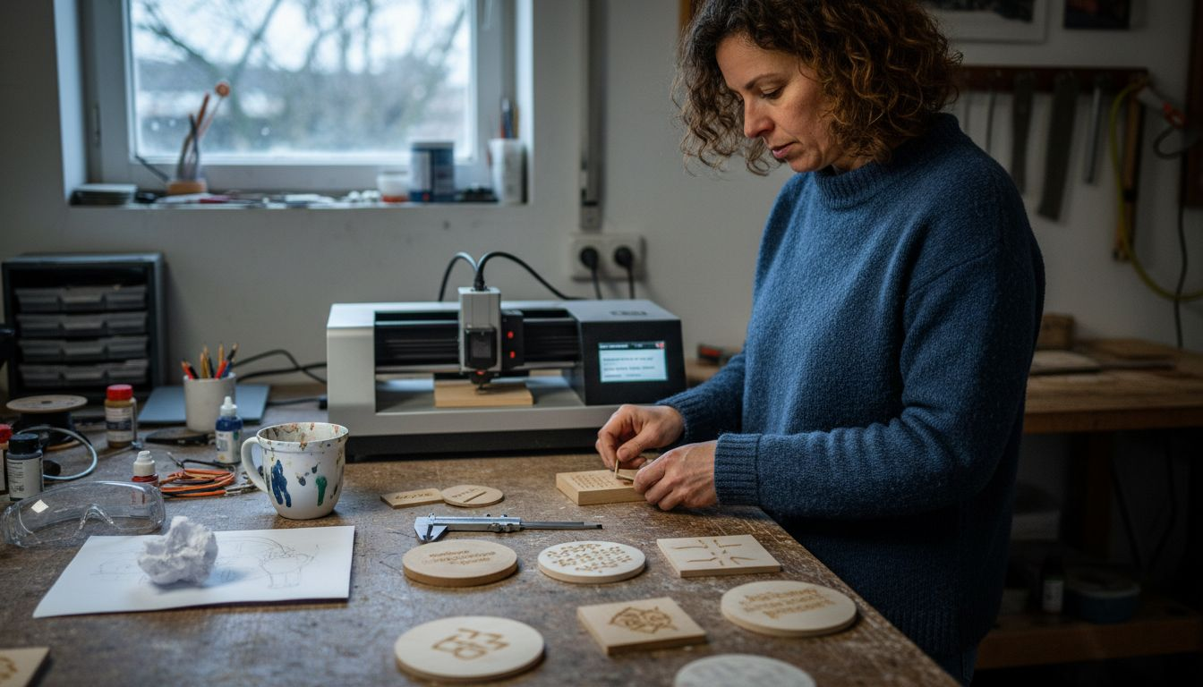 Eine Frau begutachtet verschiedene Materialien, um herauszufinden, welche sich am besten für die Lasergravur eignen.
